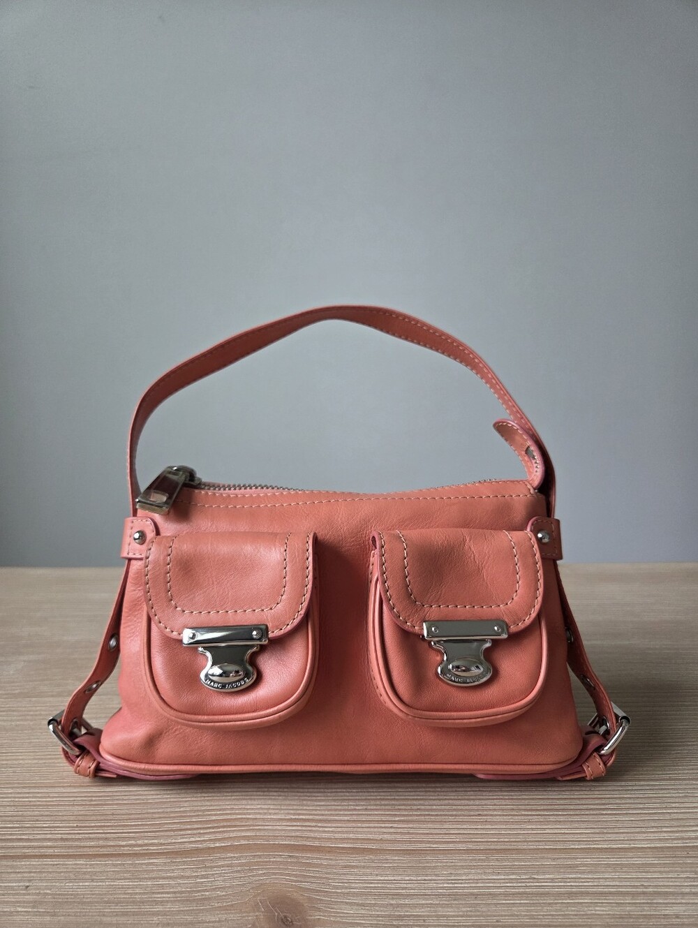Vintage Y2K Marc Jacobs Coral Pink Leather Shoulder Bag Cargo Pocket Hobo Purse